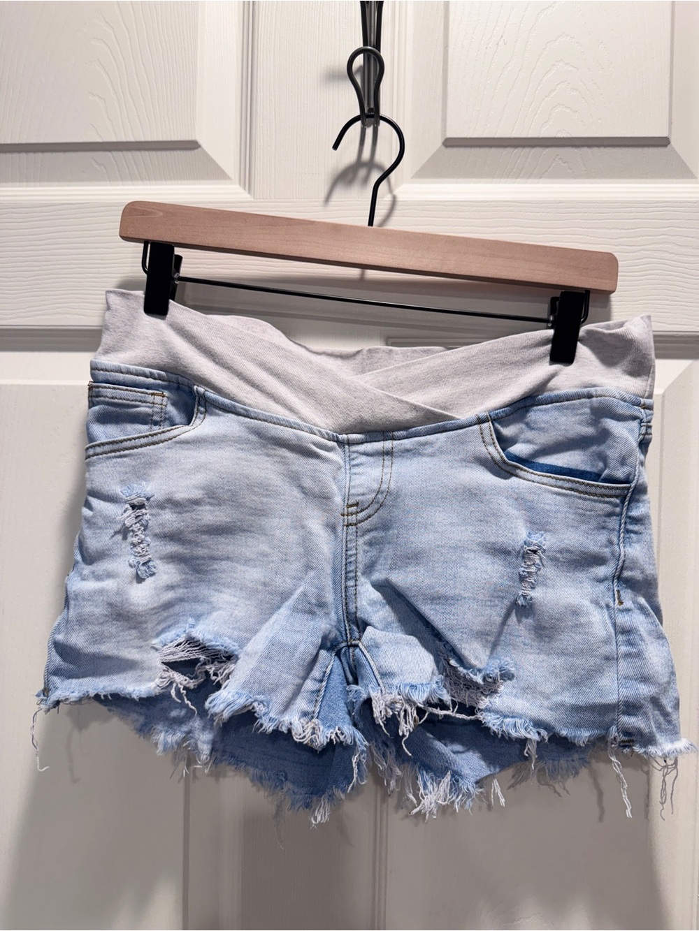 Maternity Distressed Denim Cutoff Shorts Crossover Waistband Light Wash Size M